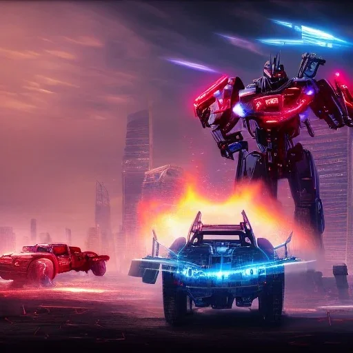 cyberpunk, landscape, transformers, hi-tech robots, GUITARS, cinematic, highly detailed, close up, 4k, deep colors, gold, fire, red, purple, dark, ethereal, utopia, apocalypse, flying Cadillac, from outer space