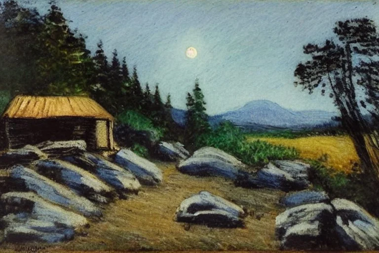 Night, moon, trees, cabin, pathway, rocks, vegetations, distant trees, distant mountains, philip wilson steer impressioniam painting