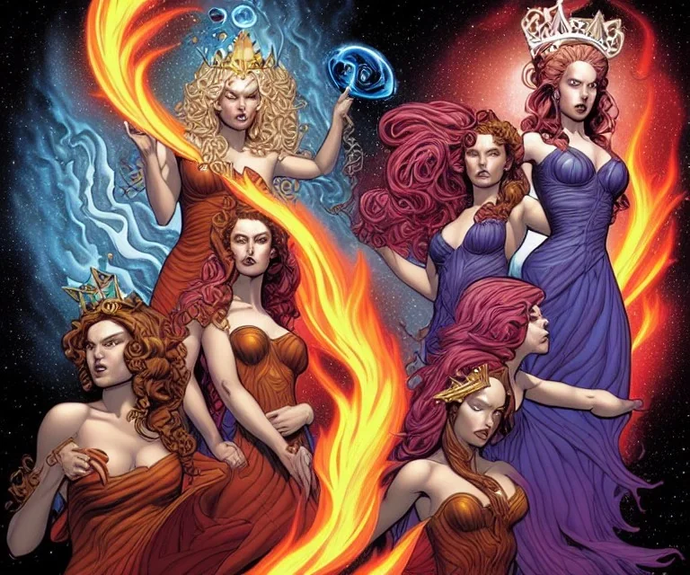 four dolldivine representing each one the elements fire, earth, air, and water. Mark Brooks and Dan Mumford, comic book art, perfect, smooth elemental galactic space core royalty queens crown.