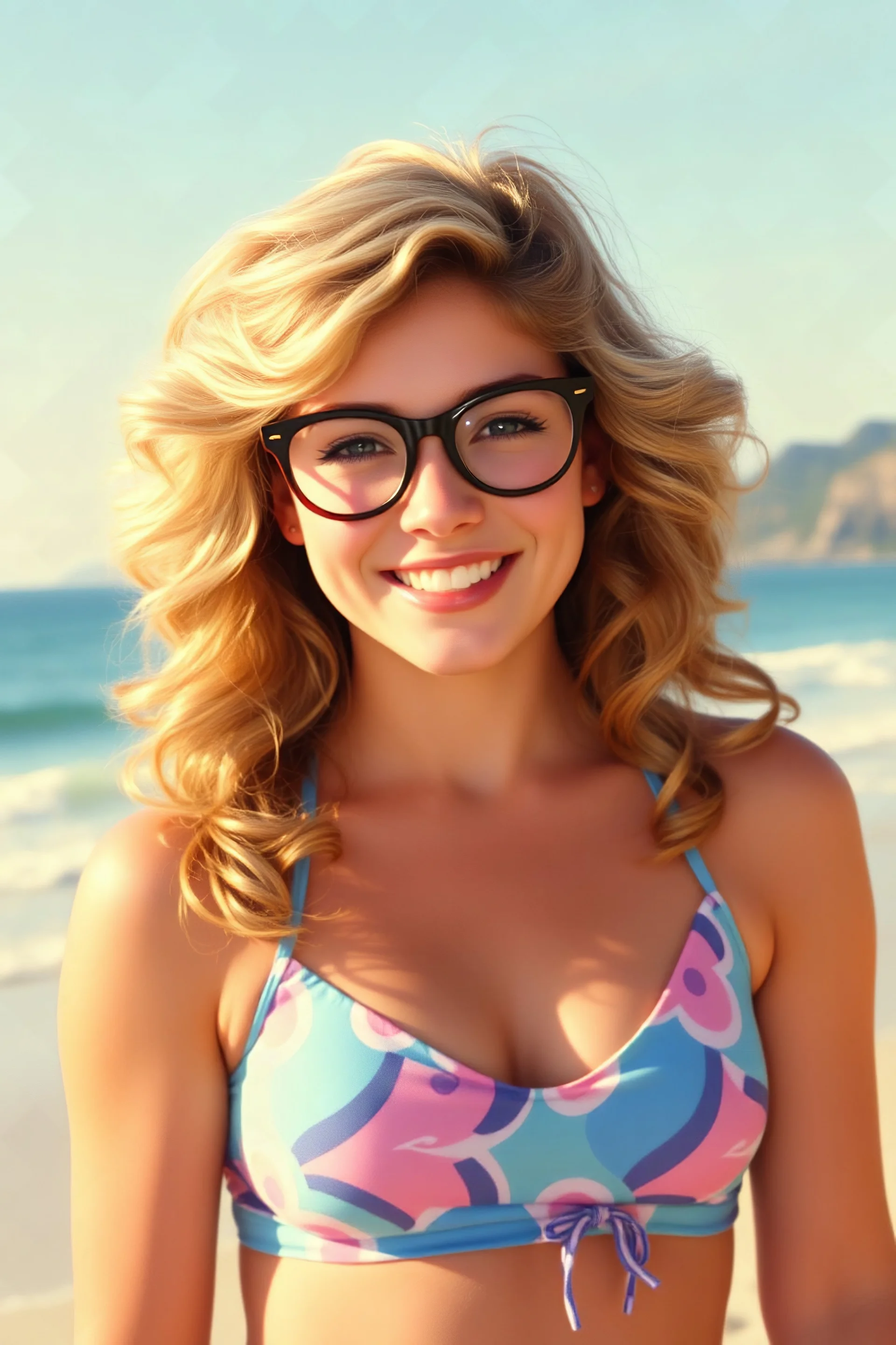 full color image, 1980's yearbook photo, girl, Dolly Parton, 18-year-old, a sly, clever smile on her face, 1980's style two-piece swimsuit, 4k UHD, photorealistic, big cat-eye eyeglasses, full body, head to toe, Pacific Ocean with beach in the background