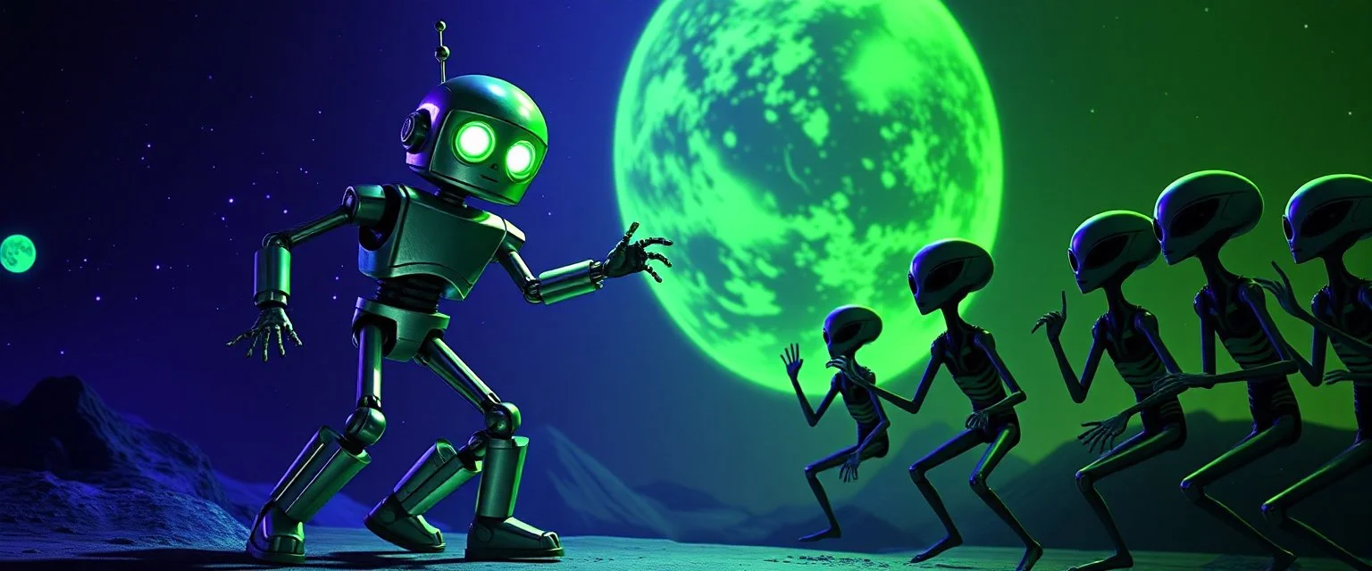 A robot named Dave started doing the splits, Blew a fuse in his hips and short-circuited his bits, The Martians went wild, the Plutonians screamed, Even black-and-white aliens turned ultraviolet green!