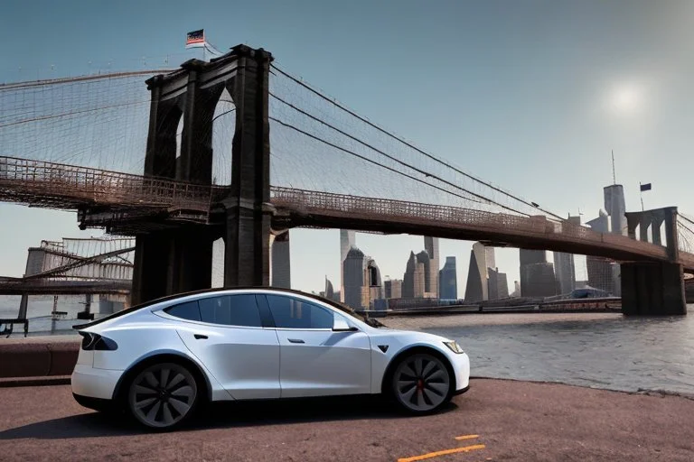 A Tesla's 'Model 3' is parked, on the 'Brooklyn Bridge' in New York. CINEMATIC. WIDE ANGLE LENS. PHOTO REAL.