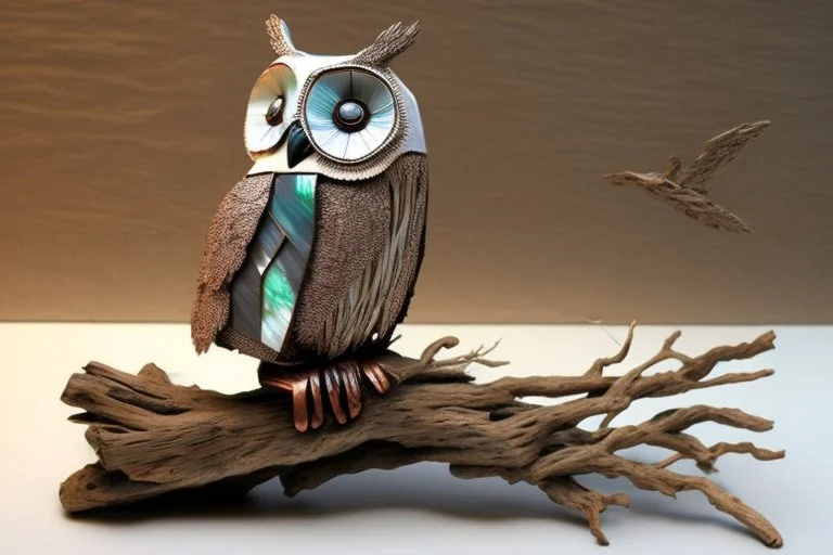 owl made of driftwood, concrete, mother-of pearl and copper wire