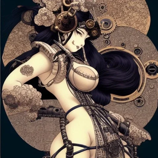 beautiful steampunk huge girl, hyper detailed, hyperdetailed, intricately detailed, illustration by <Katsushika Hokusai> <Yoji Shinkawa>,