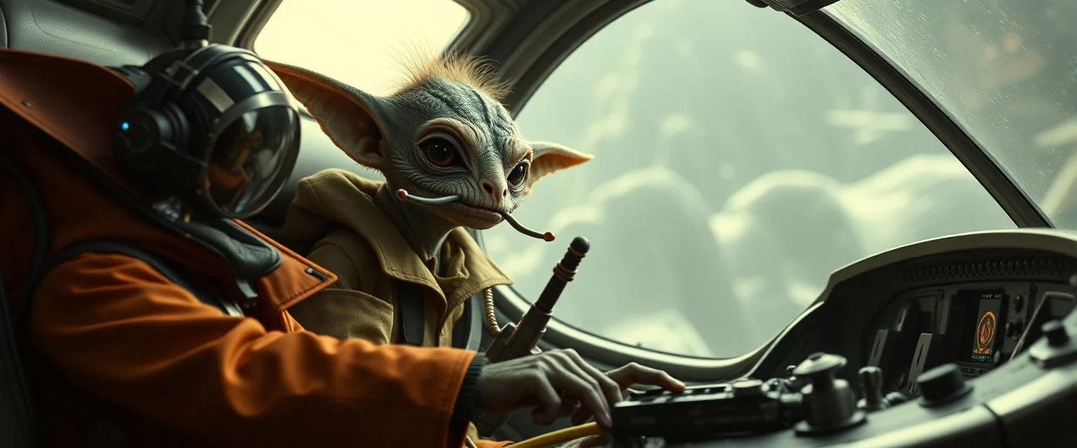 portrait of researcher slender alien rich kobold hill billy fluffy captain pilot focus controlling flight stick in deep action, gremlin cyber punk with two crew members, in sci fi air ship waiting hall, in future dynasty