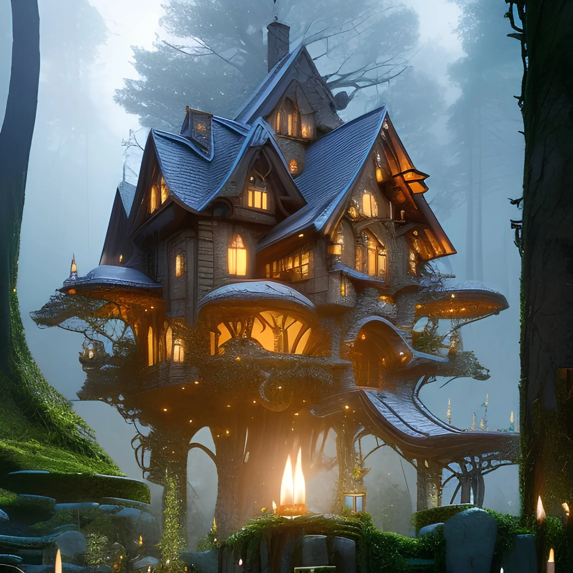 a magical house in the woods, vertical, sharp, vines, candlelit, endor, ornate, elegant, highly detailed, artstation, concept art, smooth, sharp focus, illustration, 8k, splash art, wallpaper, key visual