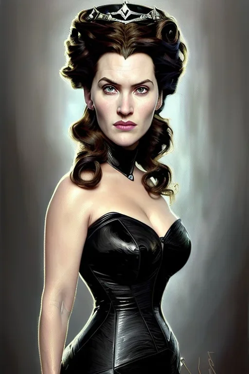 painting of kate winslet as evil queen in black leather gown, feminie, angry, stern look on her face, volouptous, busty, cleavage, emperious, mature, highly detailed, digital painting, artstation, concept art, smooth, sharp focus, illustration, art by gaston bussiere and alphonse mucha