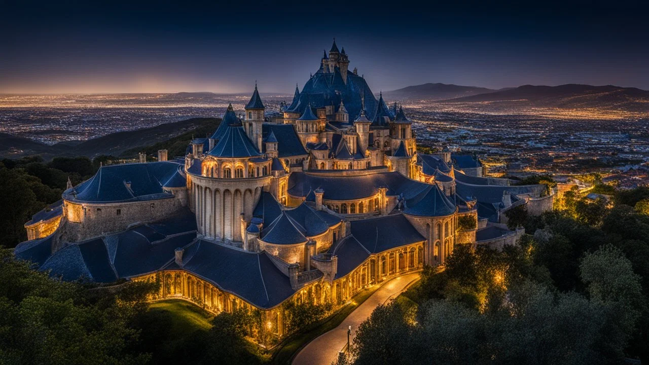 2084, delightful, sensitive, confident, undulating sinusoidal castle with hyperbolic roofs, delicate, night, darkness, architecture, award-winning photograph, beautiful composition, filled with beautiful detail, delicate colour, chiaroscuro