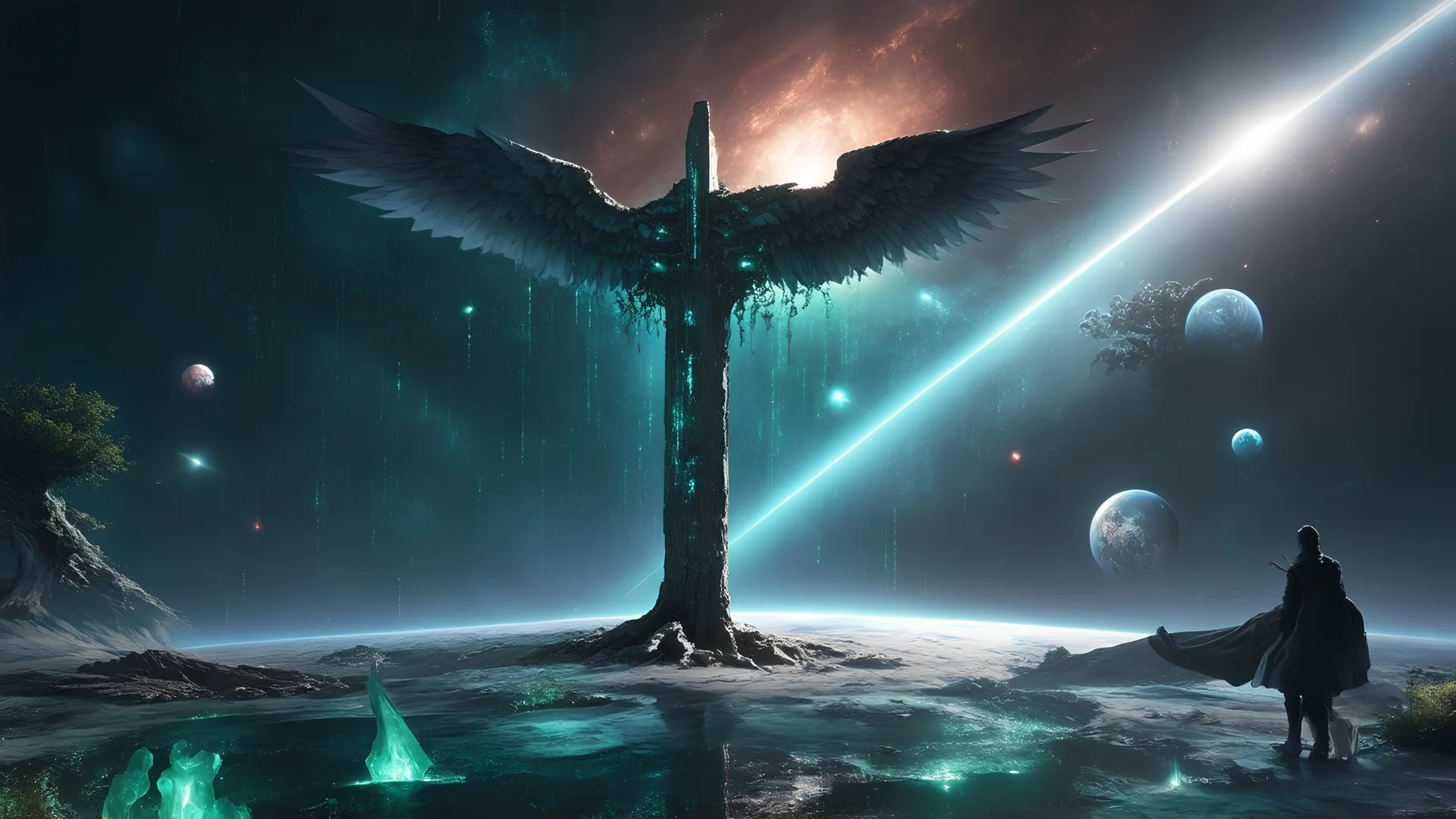 matrix universe, space, planets, god creation, angels from other dimensions with beautiful wings, trees on the planet, behind green crystals of light, command conquer tiberium monolith deposits on the planet near tree,