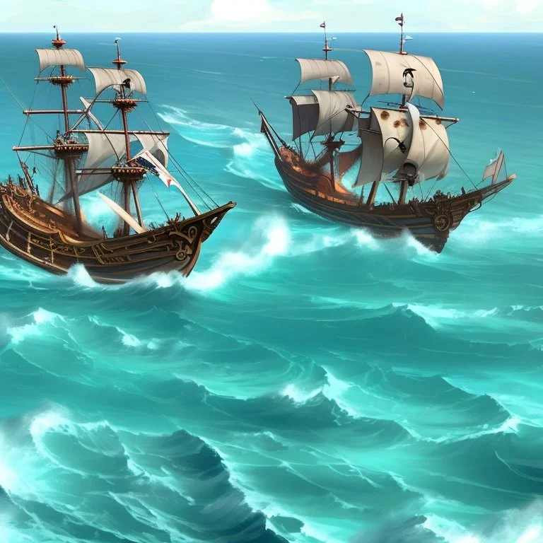 Two pirate ships fight each other at sea. Firing cannons.
