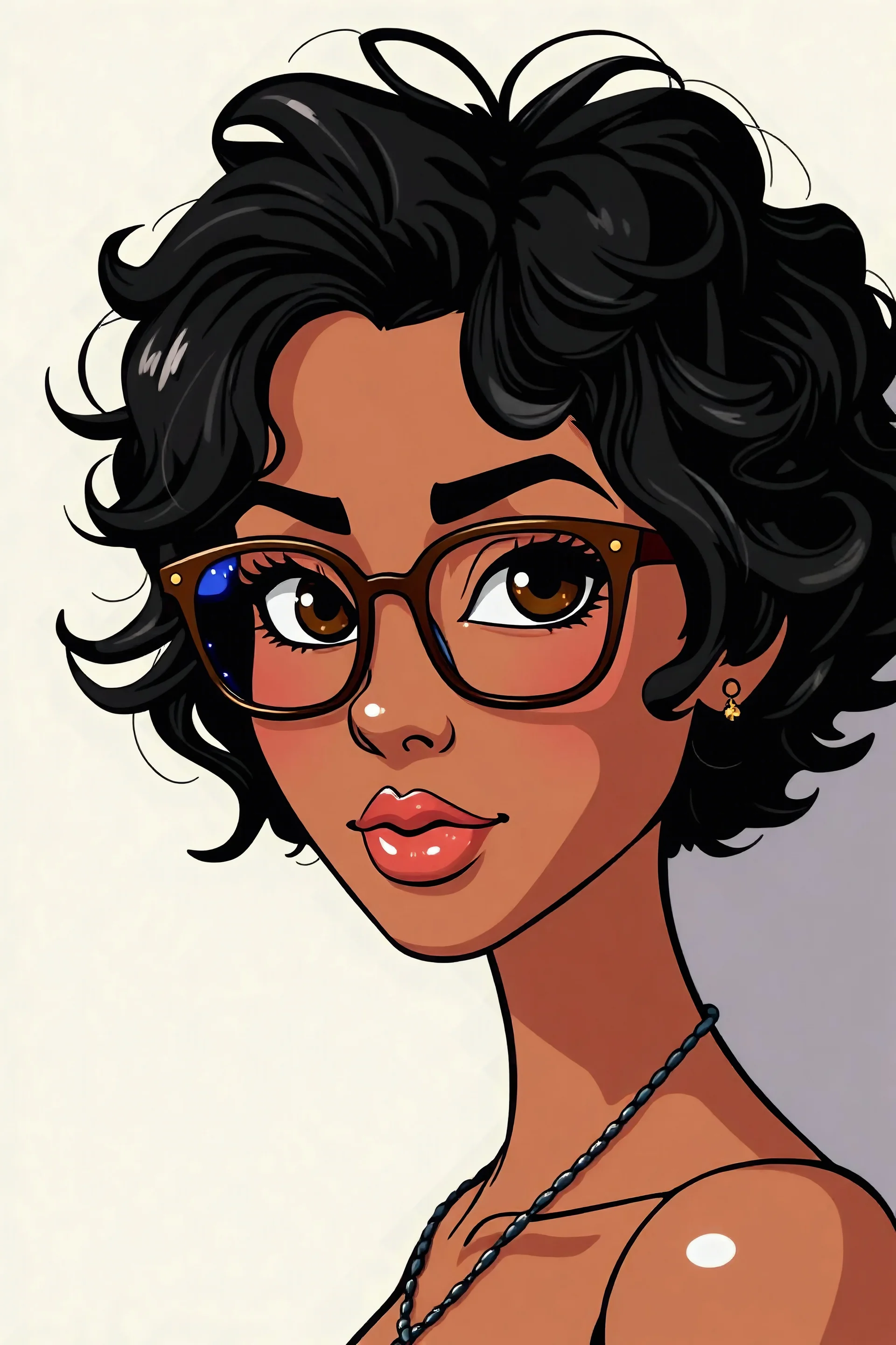 make a 27 year hot dark brown woman with short black curly hair with thick brown glasses cartoon