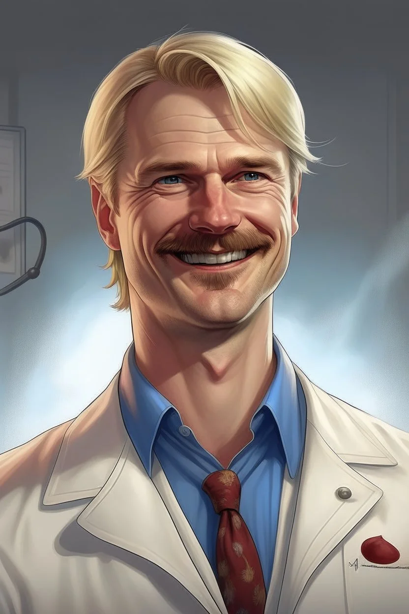 Mid-thirties, Caucasian male doctor, kind smile, blonde hair (slightly disheveled) blonde mustache, pale blue eyes, broad shoulders, muscular, six foot, Hawaiian shirt under white lab coat (with blood stains around the edges) , Strong Jaw line, encroaching shadowy tendrils, photo realistic, fantasy