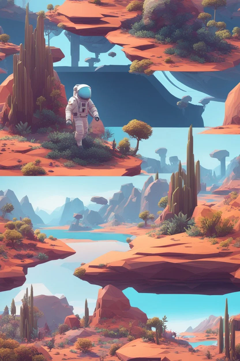 (((close midshot))), (((low poly art:2))), (astronaut), ultra detailed illustration of an environment on a dangerous:1.2 exotic planet with plants and wild (animals:1.5), (vast open world), astroneer inspired, highest quality, no lines, no outlines candid photography. by Lekrot