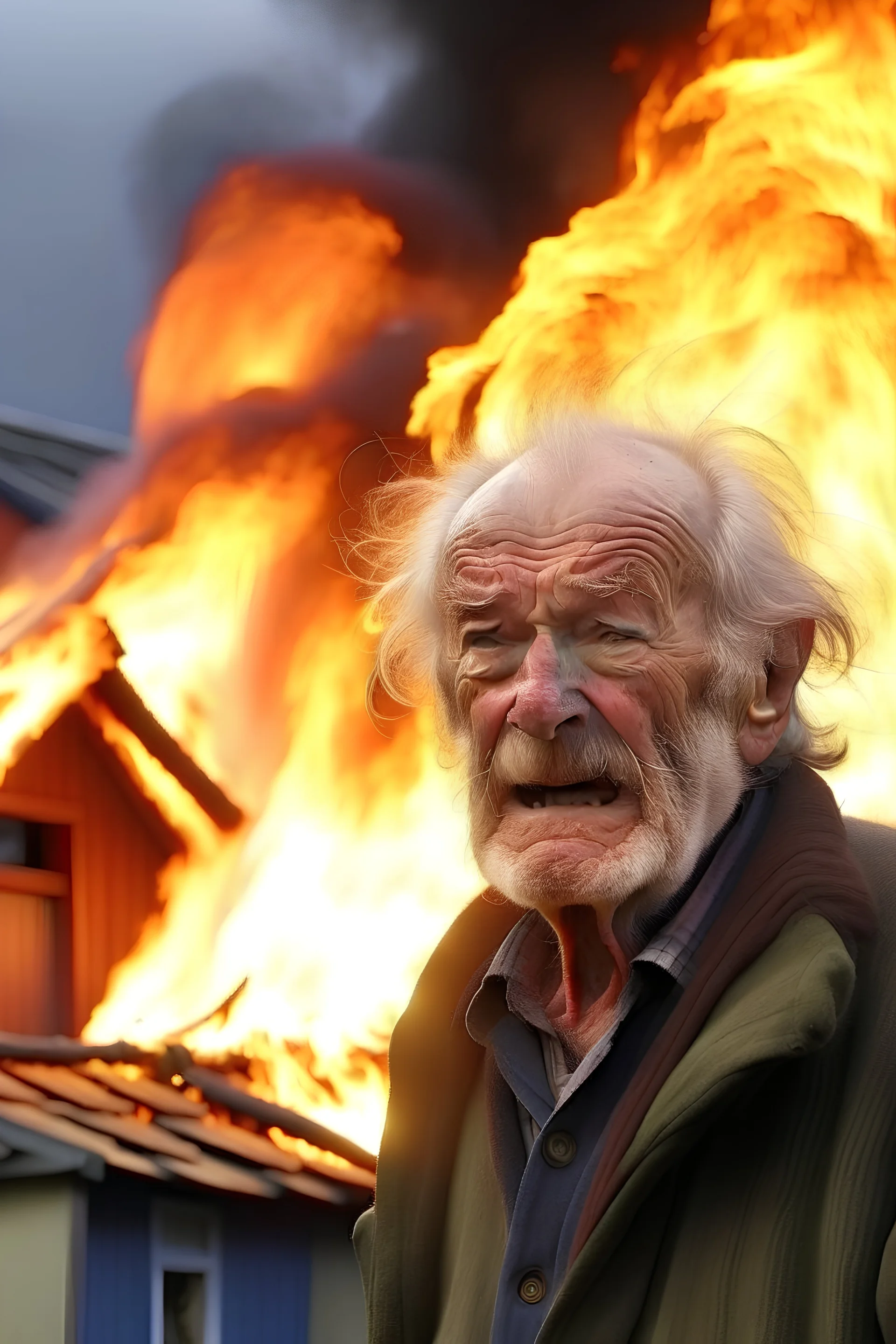 Ugly old man burning down a house