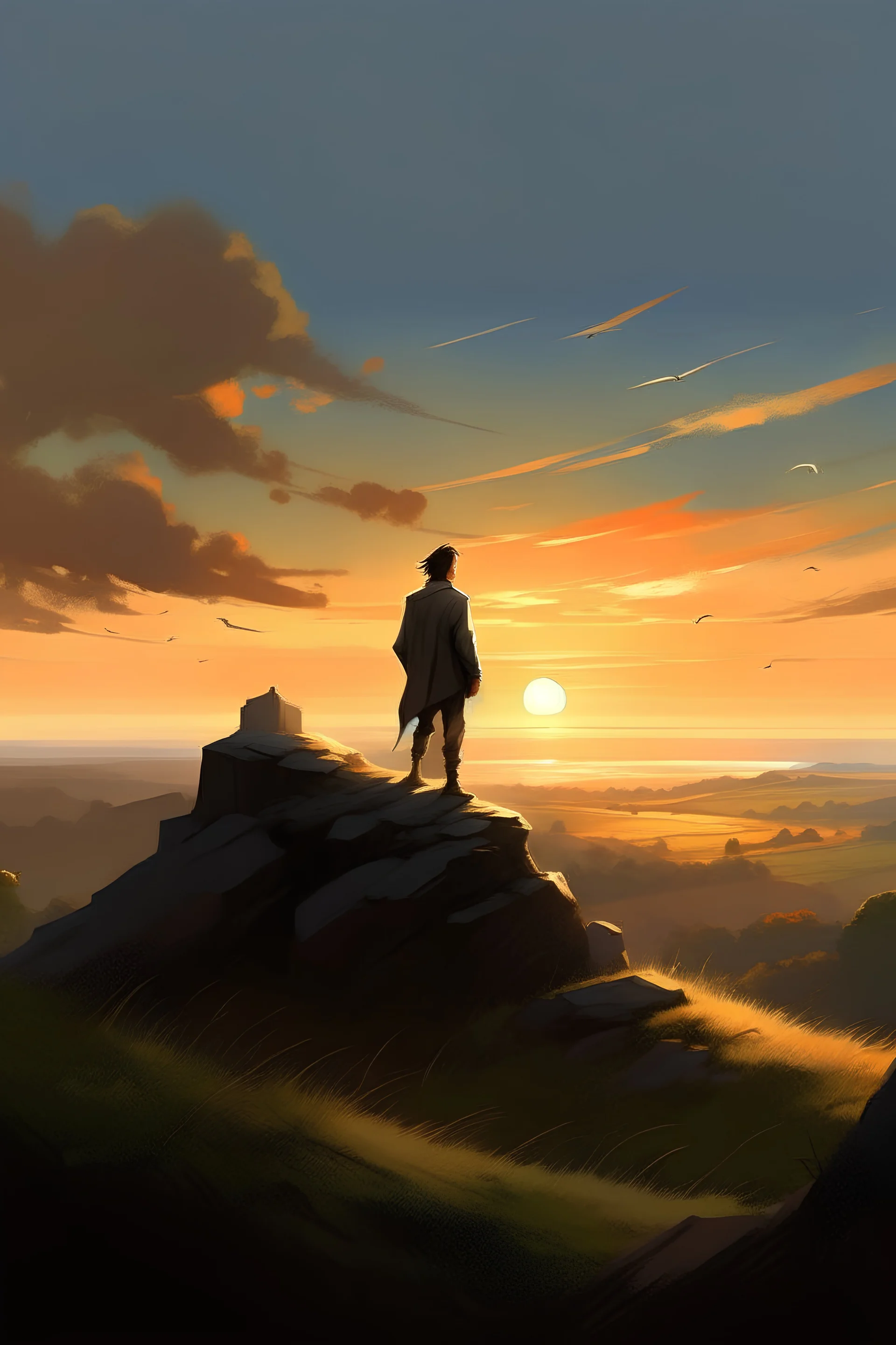 Description: Create an image capturing the essence of resilience and growth depicted in the story. The scene should feature a young man standing atop a hill at dusk, gazing at the sunset with a mix of determination and reflection in his eyes. The wind gently rustles his hair as he prepares to descend the hill, symbolizing his resolve to learn from past failures and embark on a new journey with wisdom and hope. The image should convey a sense of inner strength, optimism, and the transformative po