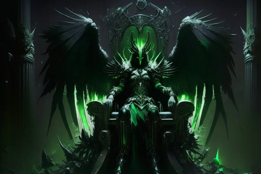 armadura negra y verde con alas de angel sentada en un trono enorme en la noche