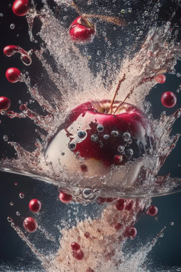 Explosion, splash, cherry is falling into the water, close up, water is splashing radially, centered, perfect composition, vogue style, Creative food photography, softbox, trending on art station, sharp focus, studio photo, intricate details, highly detailed, by Greg Rutkowski, fashion magazine cover