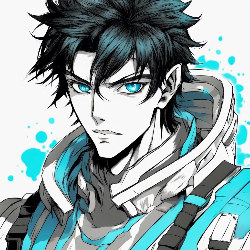 An handsome male alien with messy black hair and blue eyes, colored manga style