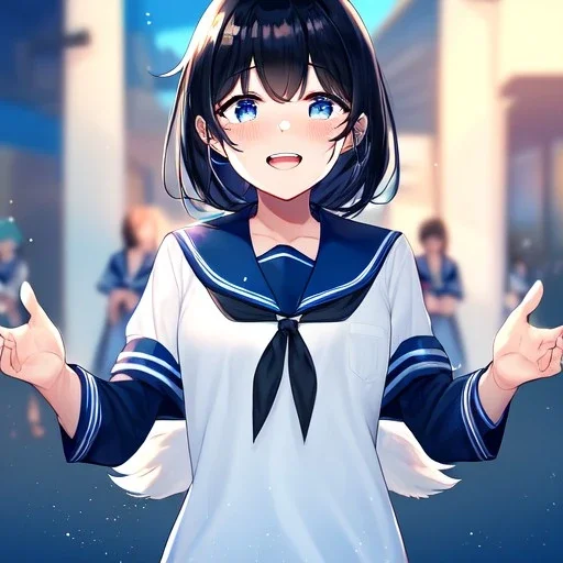 Clear focus,High resolution, Black short fluffy hair, and blue eyes, wearing a sailor uniform, blushing smiling with teeth, crying