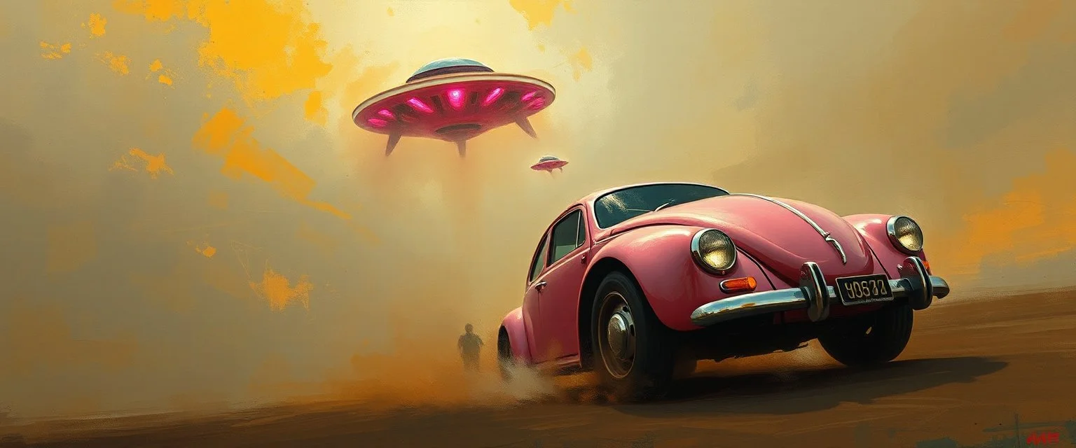 a high definition screen shot of a jet-fighter vw-beetle, retrofuturistic, phototrealism, Macabre Rapture End of days Revelation scene, loose brush stroke matte oil painting, sinner apotheosis,diagonal composition, unbalanced, abstract surreal horror, eerie, scary warm colors, Eldritch, by Colin McCahon Upscale @JonKnockTurnal A photorealistic futuristic pink cadillac 2999 ufo, bilaterally