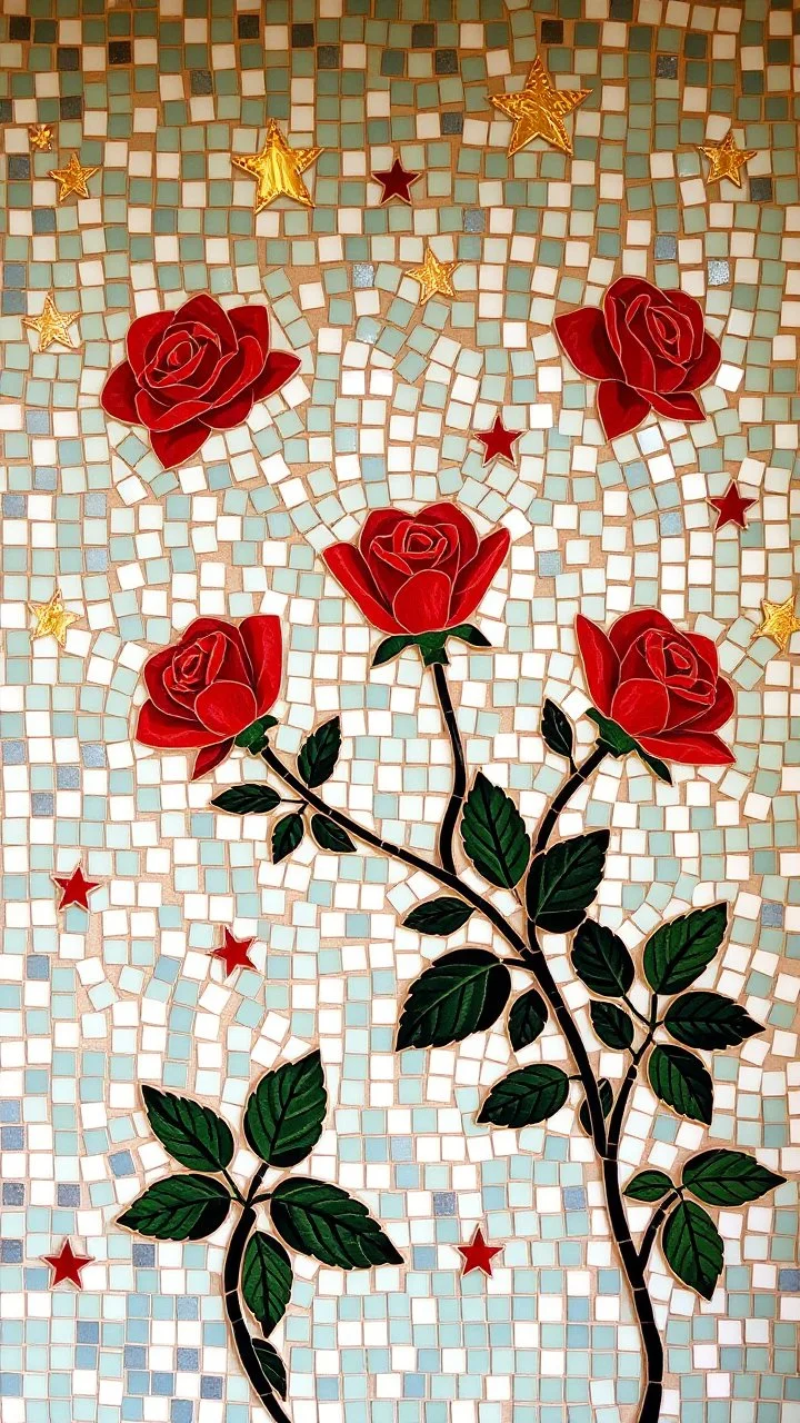 Mosaic wall of red roses and stars