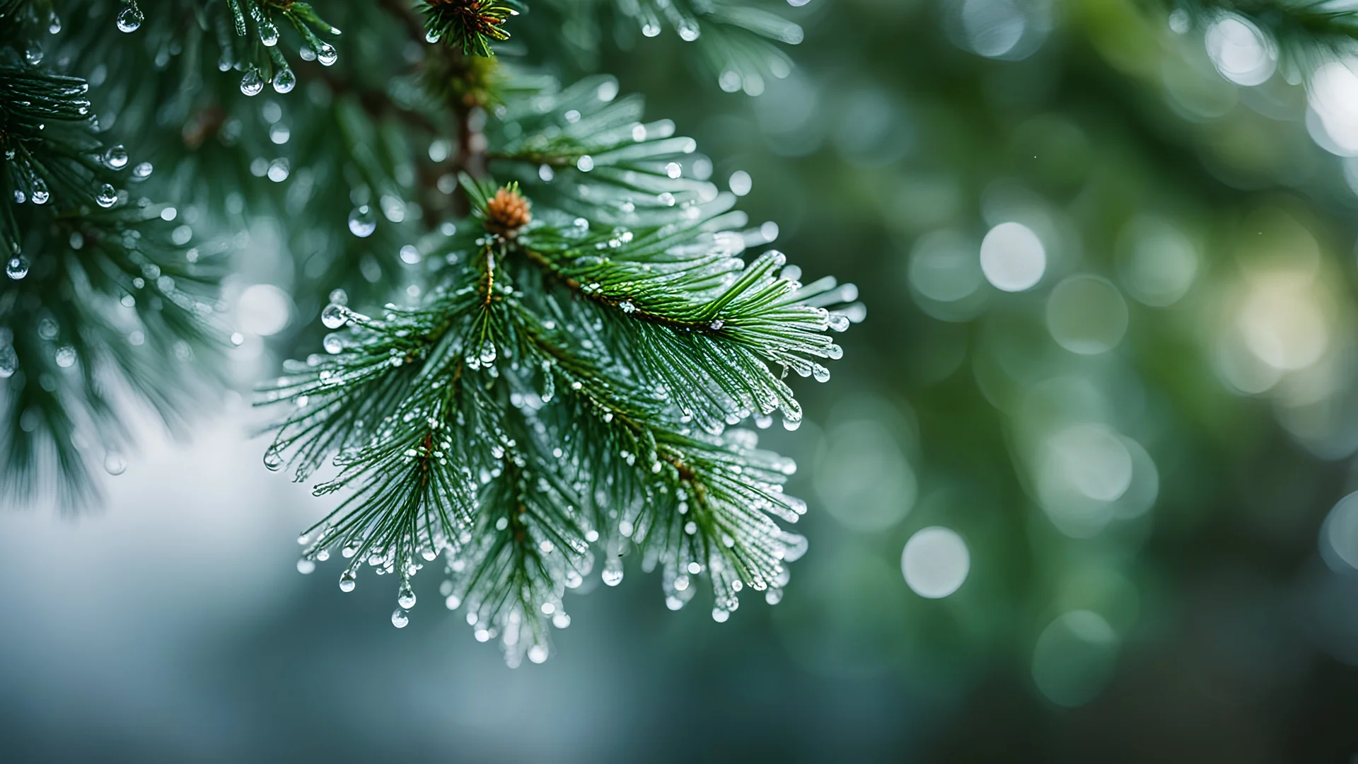 A mesmerizing close-up shot of a fir tree branch by Radi Nedelchev. Delicate rain droplets glisten, frozen in time, against a magical forest backdrop. The detailed evergreen branches create a vivid and beautiful natural background