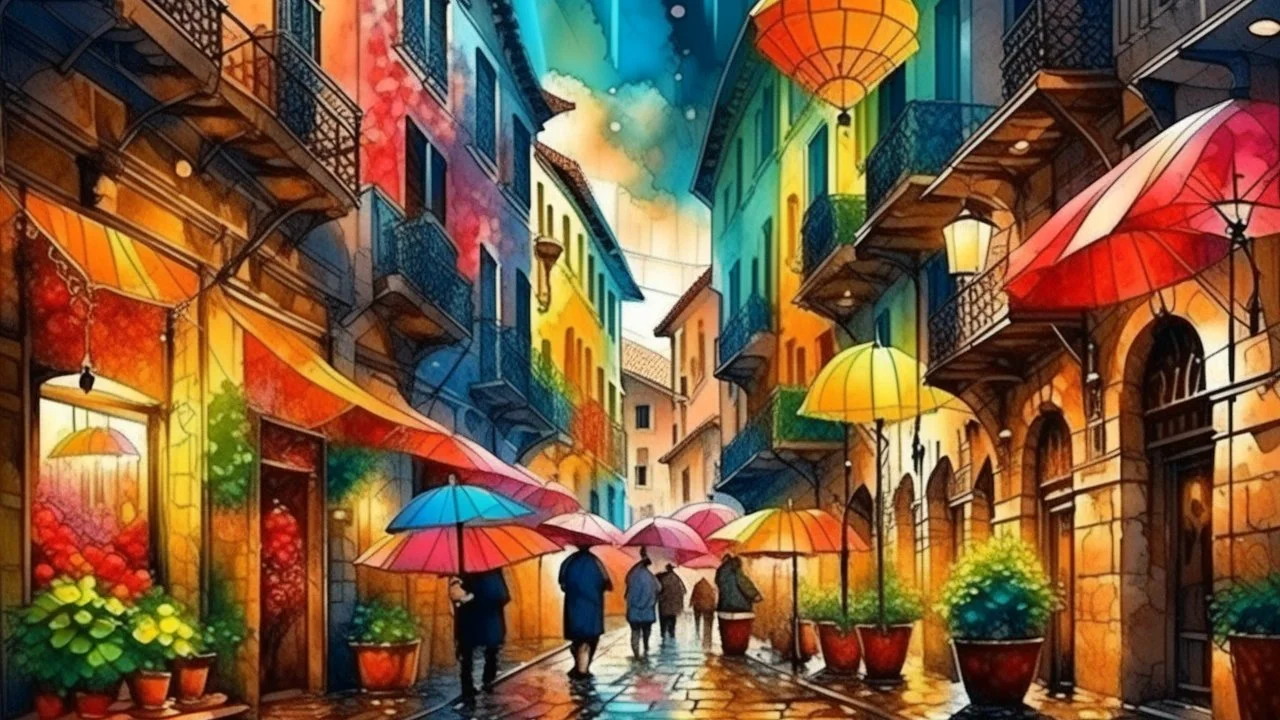 Picturesque urban scene under stormy weather, multi-colored umbrellas filling the space between centuries-old buildings, cobblestones glistening from the rain, blurred silhouettes of passers-by taking shelter, balconies with dripping flower pots, curtain of rain creating a mystical atmosphere, warm lights of traditional shops, realistic watercolor style