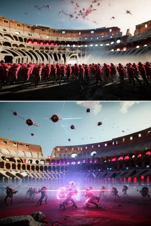 cyborgs fighting against each other in roman colosseum, perfect, sharp,red blossoms, laserweapongs,8k quality, cyberpunk art, neon lights, rustical, old technology, pink shining, showkampf, antik, römisches empire, wide angle