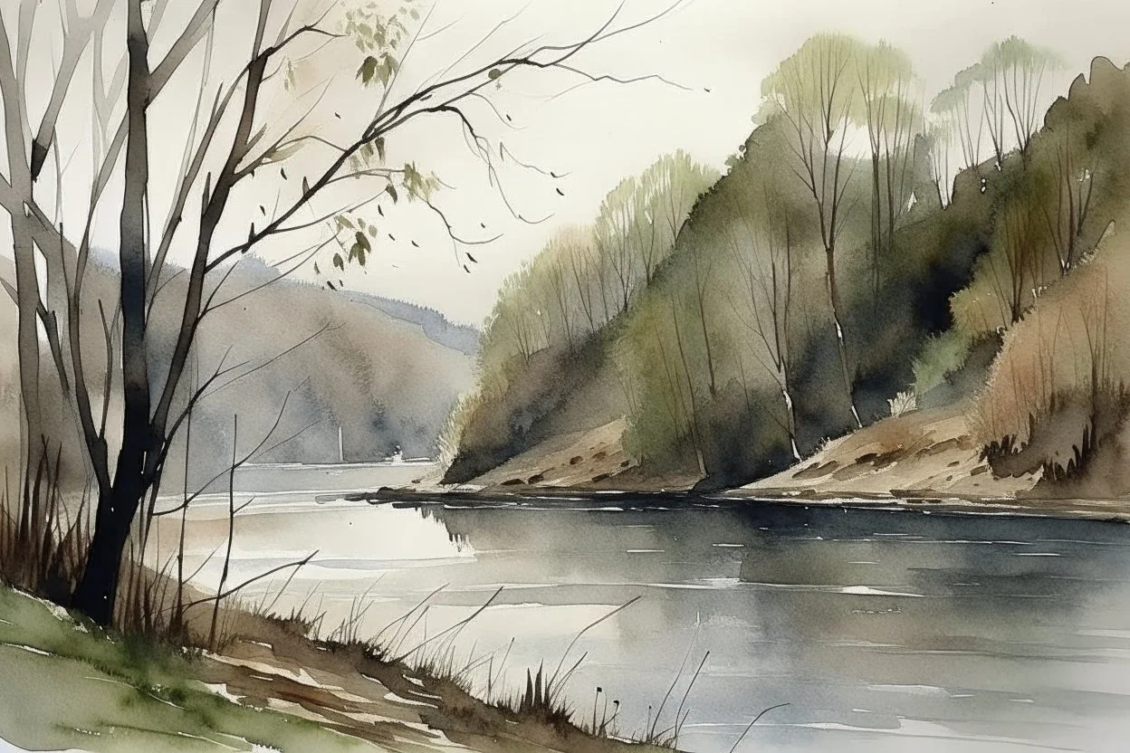 River scene by grey cliffs and trees in wet watercolour