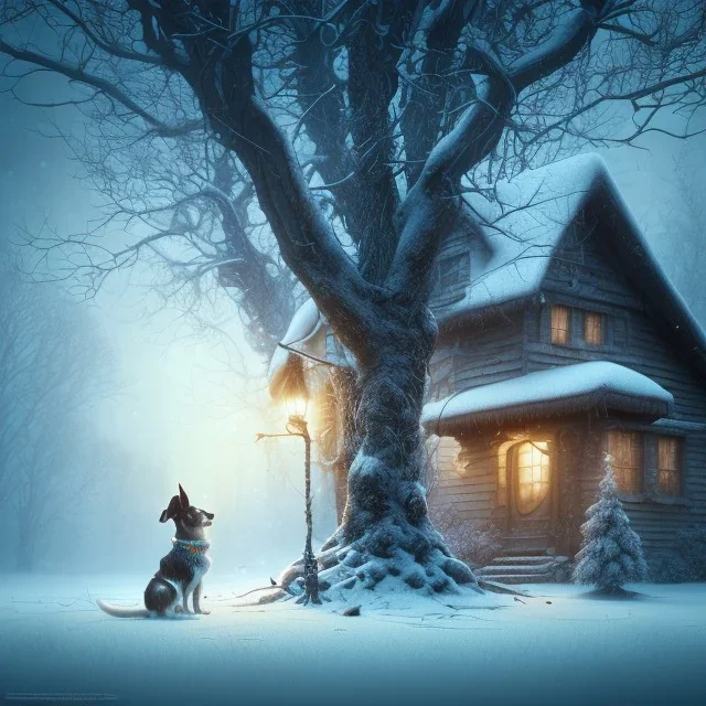 sad,scared dog tied to a tree with house in background, winter, 8k resolution, high-quality, fine-detail, intricate, digital art, detailed matte, volumetric lighting, illustration, 3D octane render, brian froud, howard lyon, selina french, greg rutowski