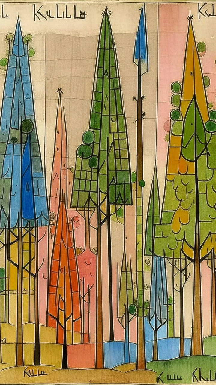 Trees with small towers and fairies painted Paul Klee