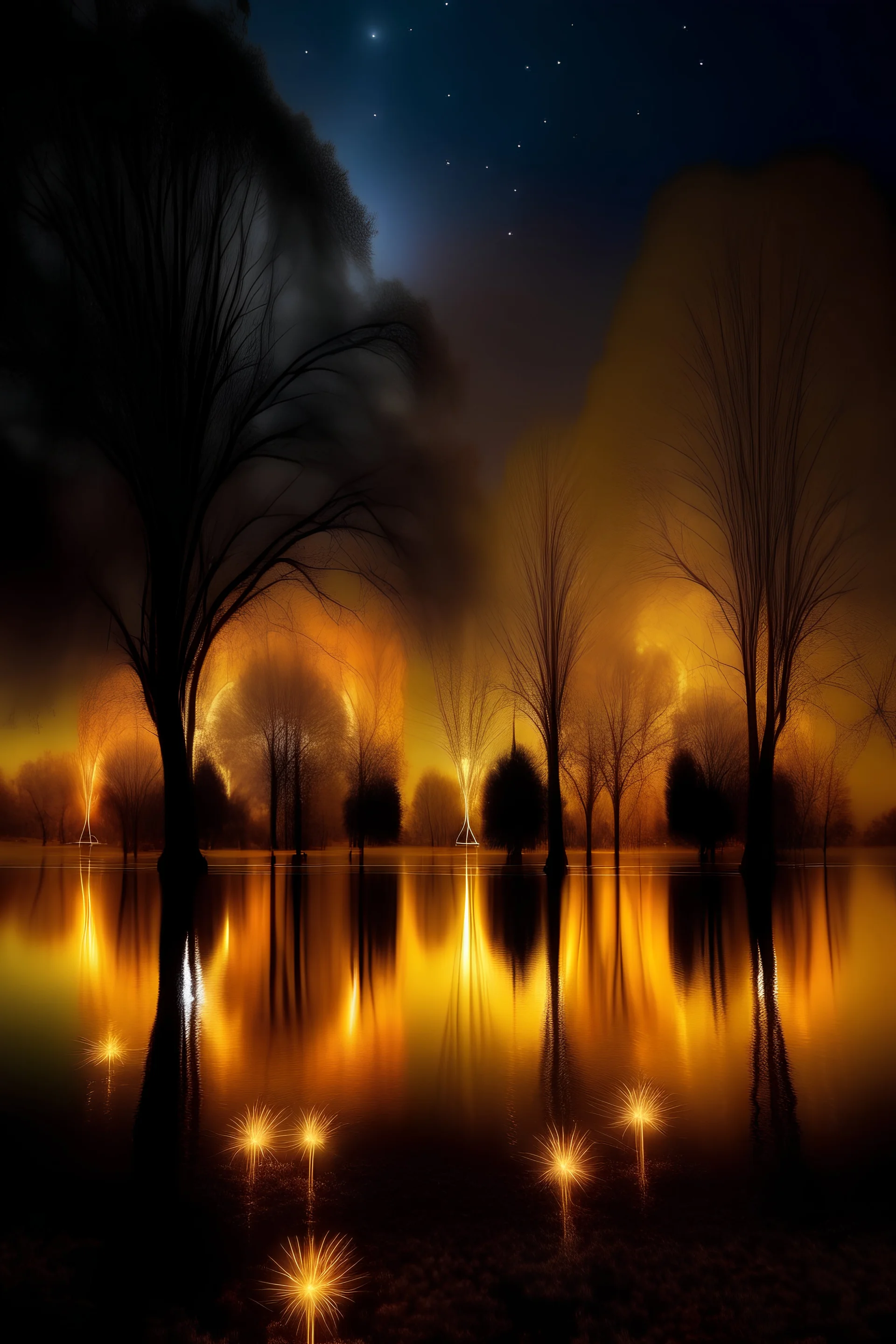 In the midst of the dark night, mysterious trees appear to sprout from the sky itself. In front of these trees, a golden lake radiated a faint light, making the place look like a magical palace in a fantasy world. Brilliant lights and flowing colors crisscross the surface of the lake, creating an unusual visual effect.