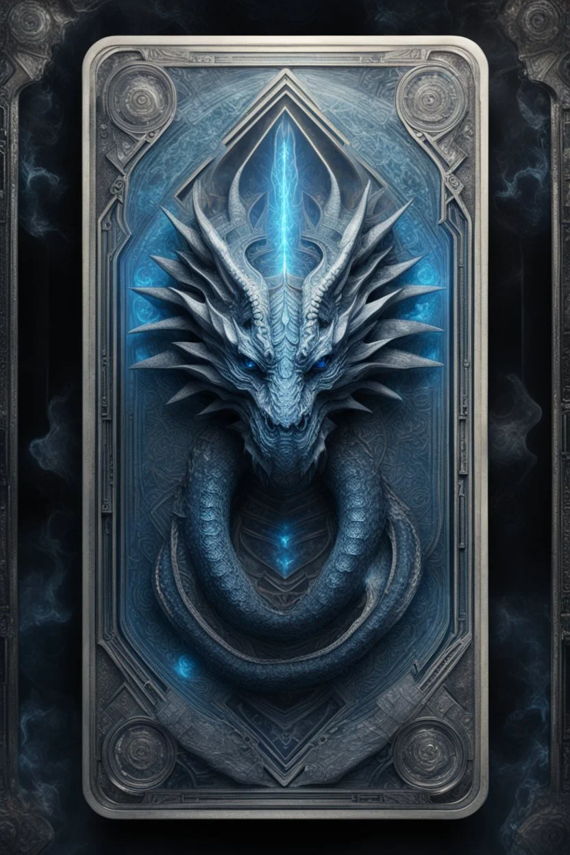 sacred geometry framed playing card, blue ice dragon fire boss card in the style of Giger and fallout 4 ,,bokeh like f/0.8, tilt-shift lens 8k, high detail, smooth render, down-light, unreal engine