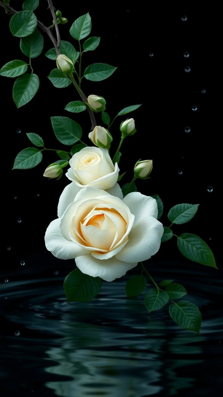 The image is a digital artwork that depicts a branch of tree of light black roses and leaves tangling in to a water in the river with aThe rose floats on the surface of the water, creating a wave-like effect. The background is black, which makes a branch of a tree of white roses stand out even more. Water droplets are scattered adding to the dreamy, ethereal quality of the image. The a