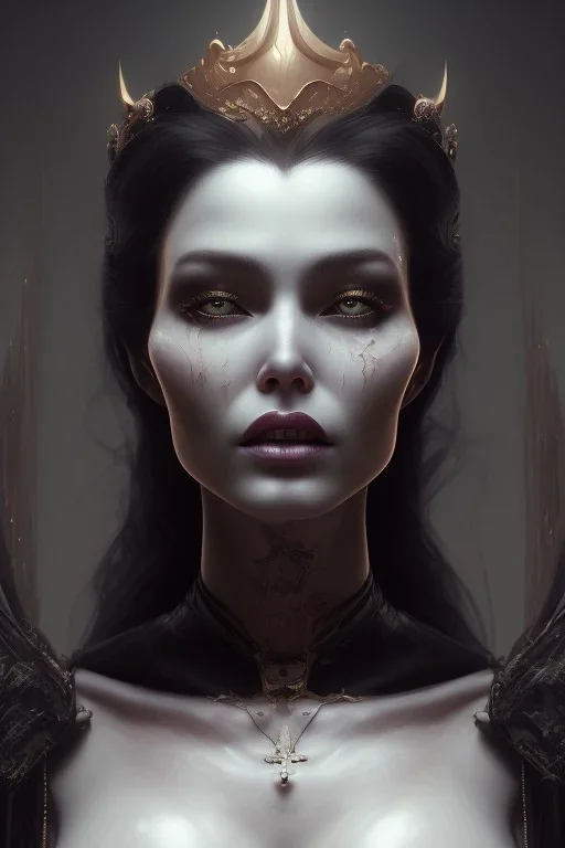 Jeniifer Coolidge as evil queen in black leather, cleavage, angry, stern look. character design by cory loftis, fenghua zhong, ryohei hase, ismail inceoglu and ruan jia. unreal engine 5, artistic lighting, highly detailed, photorealistic, fantasy