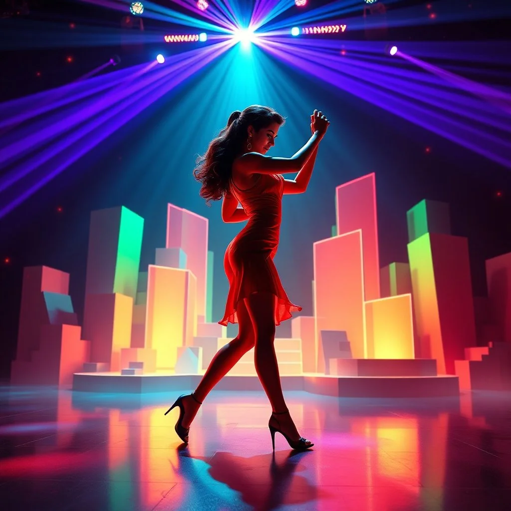 A breathtaking 3D animation of a passionate woman dancing a hot, energetic salsa. Her movements are fluid, expressive, and perfectly synchronized. Surrounding her is a futuristic, evolving stage filled with animating abstract 3D geometric structures that constantly morph, shift, and pulse to the rhythm. Dynamic, vibrant neon lights, colorful volumetric laser beams, and dramatic strobes sweep across the dark environment, casting beautiful shadows. Cinematic camera movement with smooth tracking