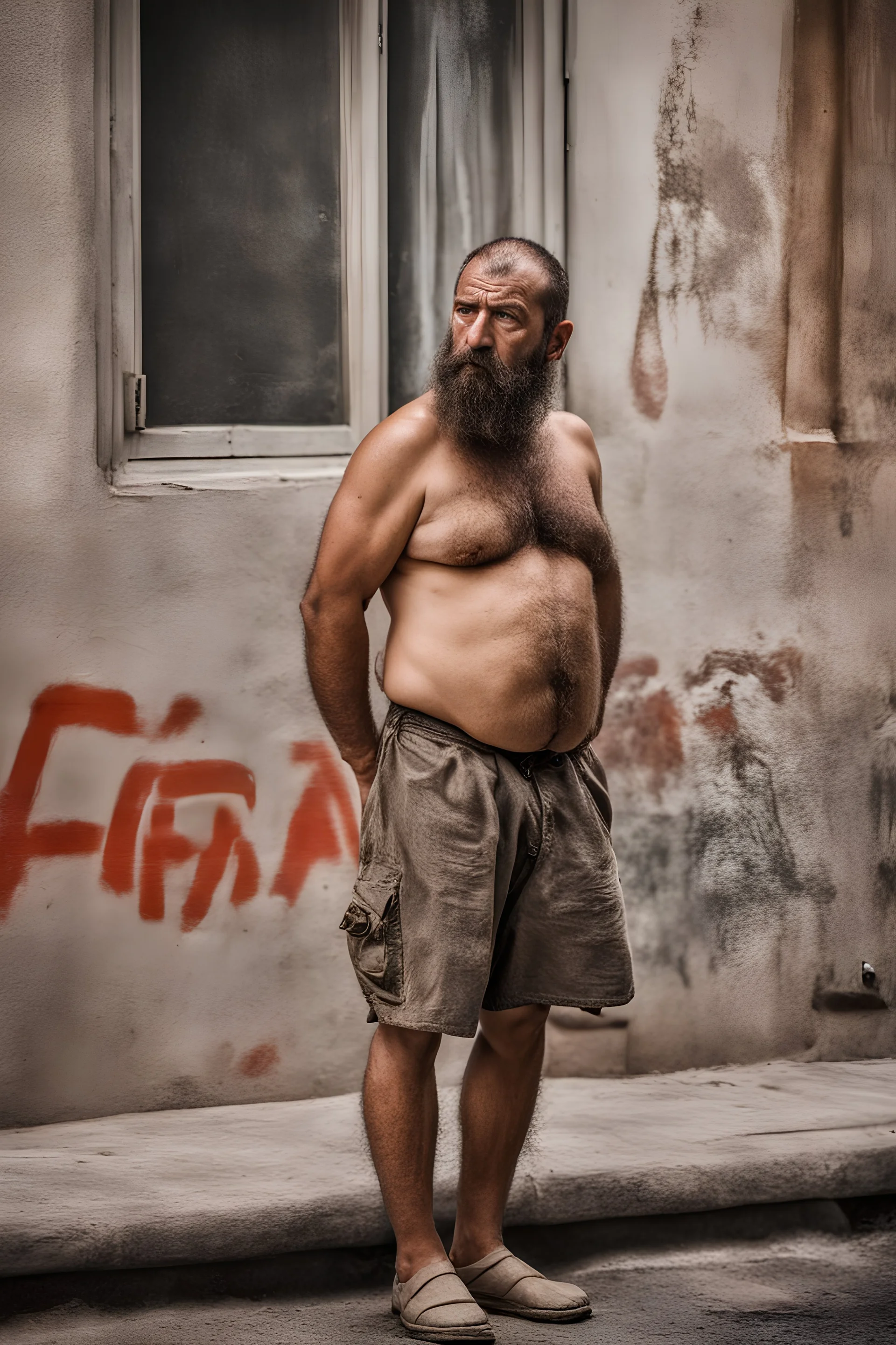 close up photography of an ugly 40 year old beefy robust burly turkish homeless, wearing his work shorts, shirtless, leaning with his back on the wall, hands on the fap, dirty, sweat, wet, ajar mouth, hairy chest, , very virile, short beard, shaved hair,, , in a sunny street, photorealistic , frontal view from the ground