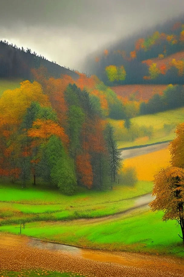 Autumn Czech valley in the rain.