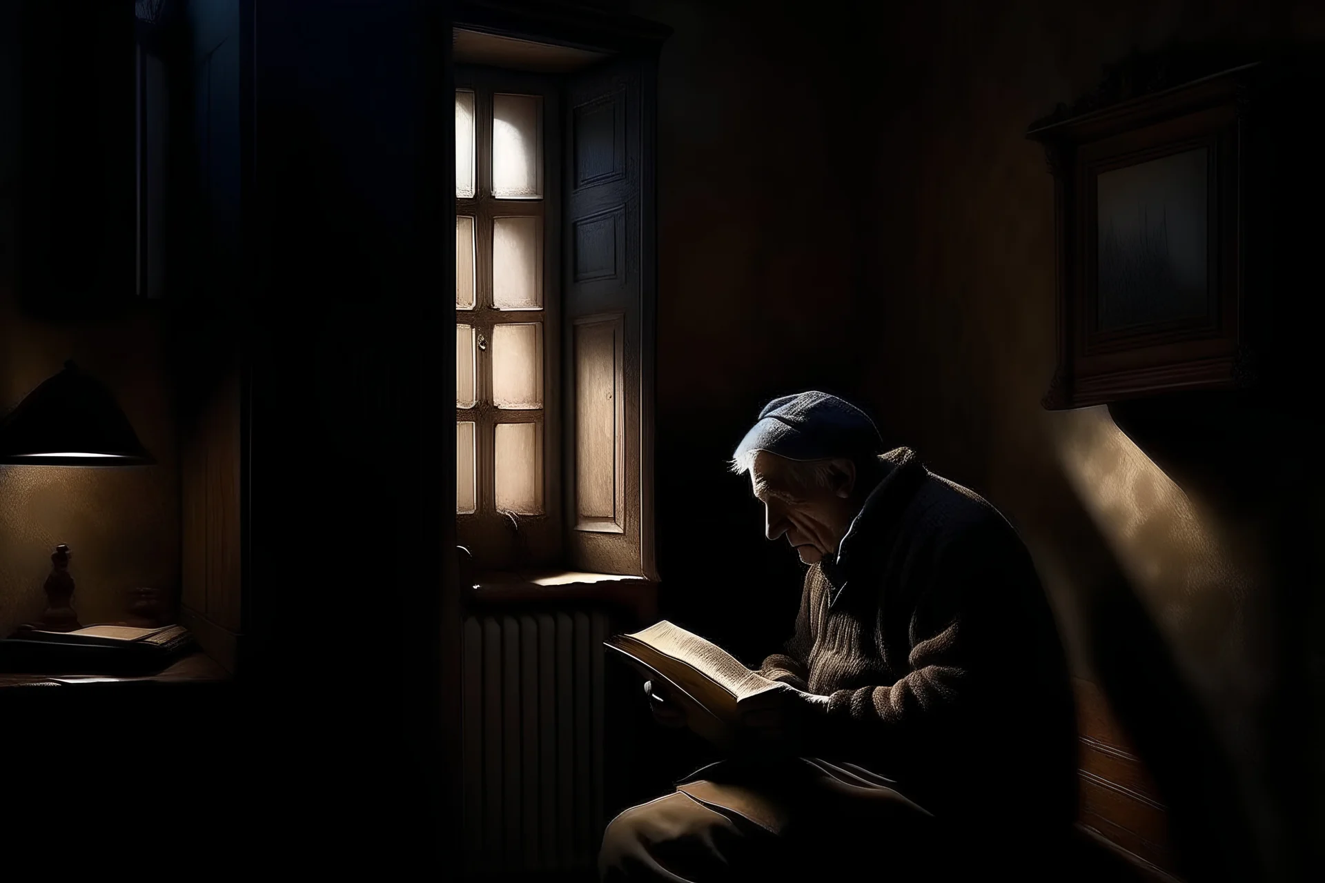 room in dark only light acroos a window, in the interior a old man reading a book