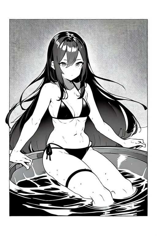 bikini long hair thin girl with leg in abyss pool, greyscale, sexy pose, screen tones