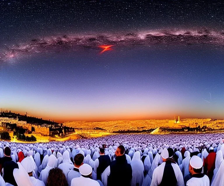 100,000,000 christians, men, women,and children, WORSHIPPING, dressed in white, beam of light coming from square Temple in center, Jerusalem, hills and valley in background, dusk, andromeda GALAXY IN SKY