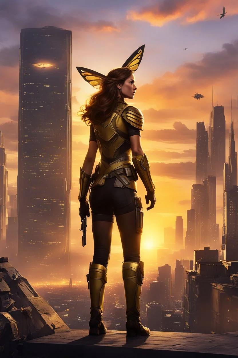 As the sun begins to set, casting a warm golden hue across the horizon, Captain Aurora Mitchell gathers her team atop the walls of Tube City. They stand shoulder to shoulder, their gazes directed towards the vast expanse beyond the city's protective barriers. To their astonishment, the giant insects that had pursued them relentlessly are still present, their menacing forms silhouetted against the fading light. Captain Mitchell's expression remains resolute, her voice steady as she addresses her