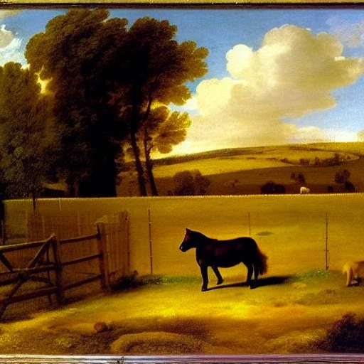 shetland pony, fence, field, oil painting, by Nicolas Poussin