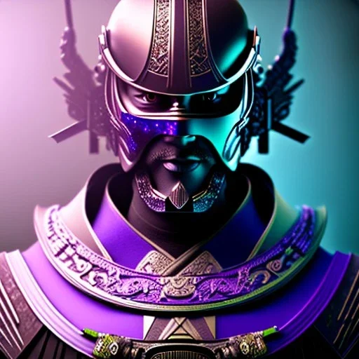 samurai purple masked villain in galaxy, teal and purple smoke, detailed, realistic, 4k