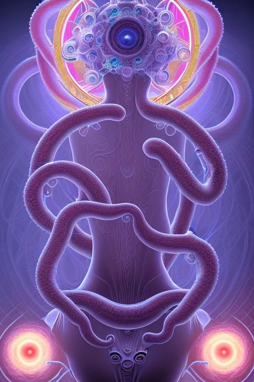 Spiritual being with Tentacles over human Head creating reality around, wrapping Tentacles around Human, Dimethyltryptamine