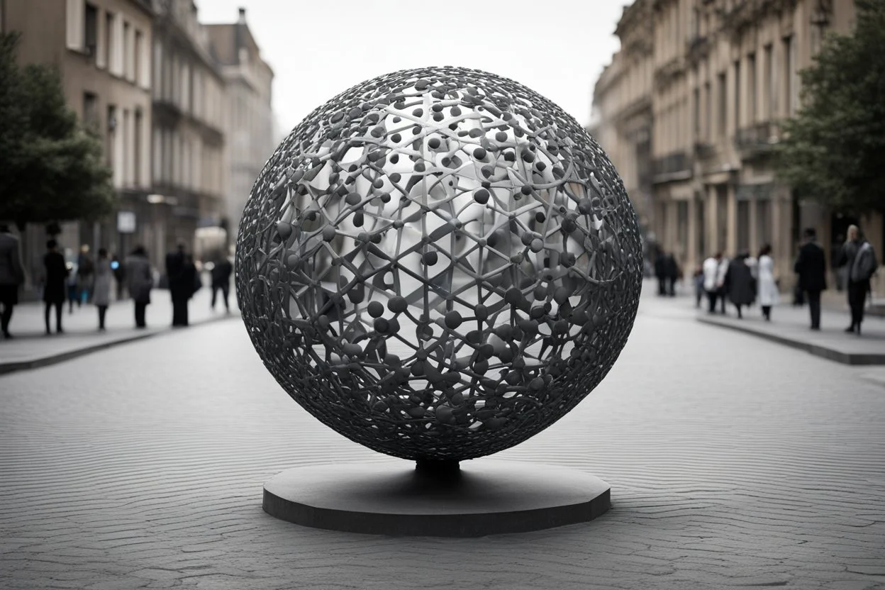 статуя на улице, Шар как атом/молекула: Сделать поверхность шара похожей на модель атома или молекулы, используя геометрические формы, светящиеся элементы или проекцию. . Для этого можно использовать различные геометрические формы, такие как круги, треугольники, шестиугольники и т. д., чтобы создать абстрактное изображение структуры атома или молекулы. Кроме того, возможно использование светящихся элементов, чтобы придать статуе особую магическую атмосферу и привлечь внимание прохожих ночью.