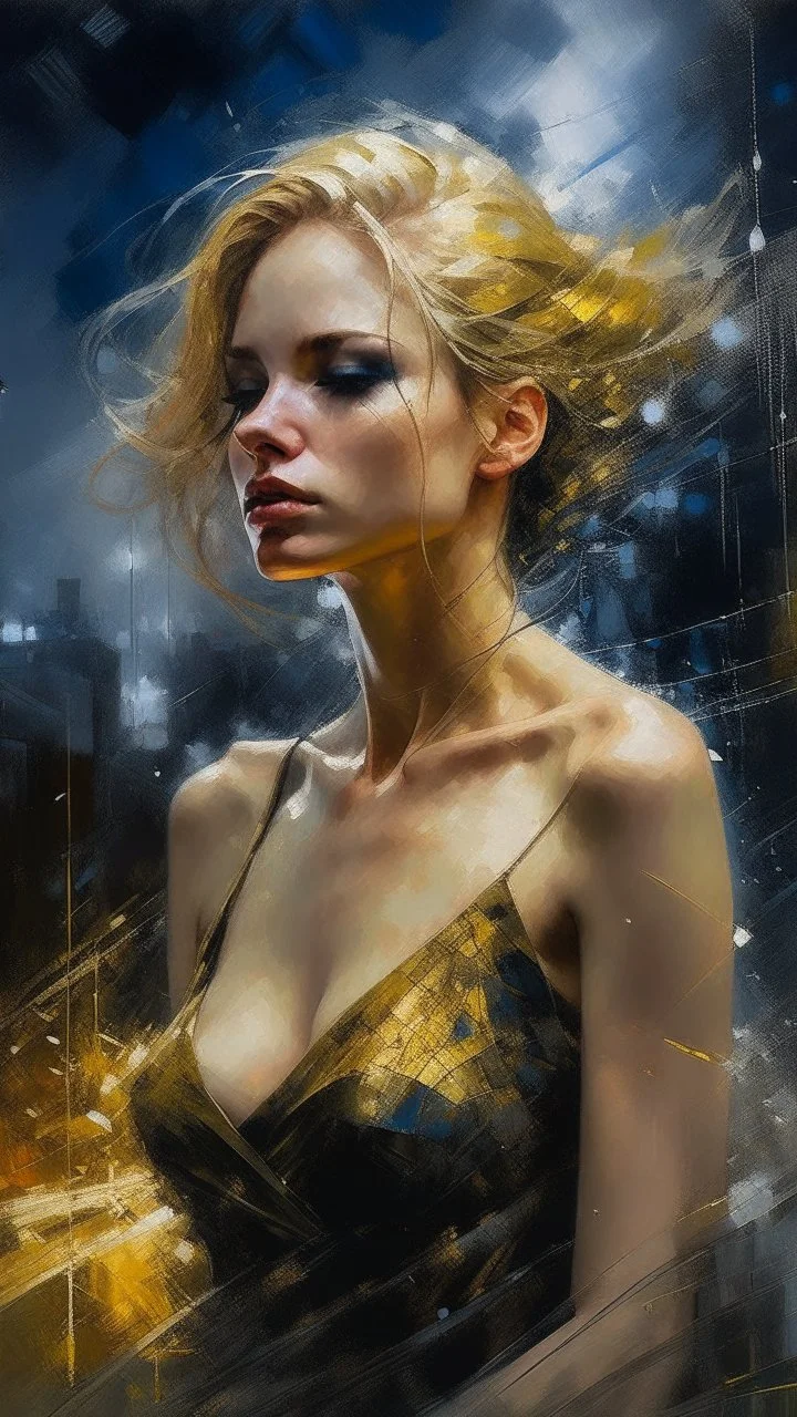 a beautiful woman with golden hair in starry night sleeveless gown rainy night, thunder lightning, art by Greg Rutkowski, WLOP Baptist Monge, Michael Garmash, Alberto Seveso and Russ Mills