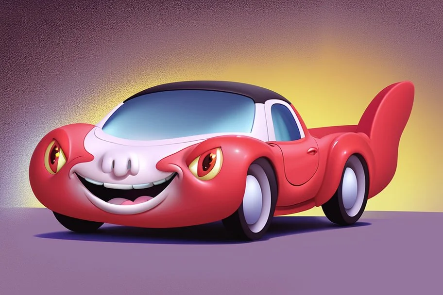 whimsical cartoon car with big eyes and its front grill forming a friendly smile