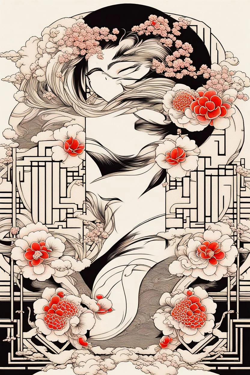 Create a captivating modern 2d Japanese tattoo design for print , using the elegant influences of japan art style, for print, dynamic elements from fashion and design, and bold Japanese art aesthetics, framing centered in the center, distanced from the edges of the paper perimeter, perfect anatomy, bauhaus, Divine Proportion,
