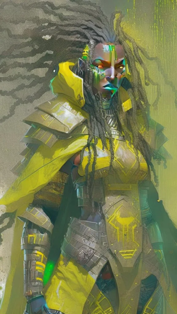 A woman has tanned skin, yellow eyes and black dreads. Her face show her superiority in the eyes of others. She is dressed in an armor with a few pieces of yellow and green cloak sticking out.